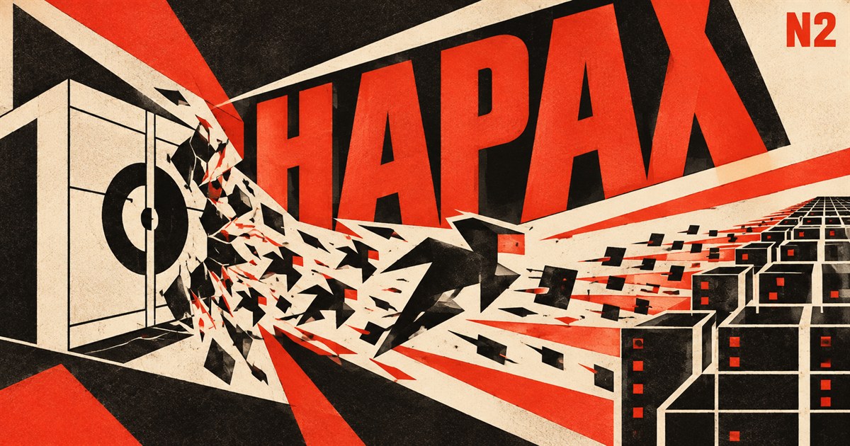 Bannière Hapax n°2, composition constructiviste : des agents autonomes s'échappant d'un enclos scellé