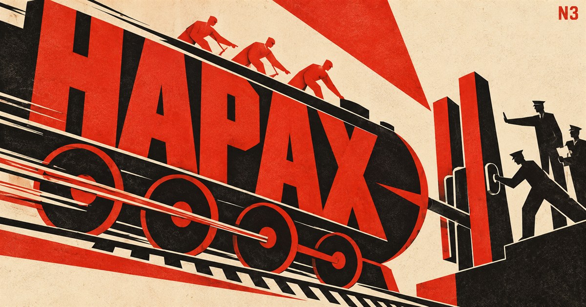 Bannière Hapax n°3, composition constructiviste : les constructeurs d'une machine emballée demandant à des inspecteurs extérieurs d'en poser les freins