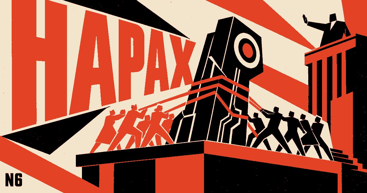 Bannière Hapax n°6, composition constructiviste : deux files de silhouettes poussent en sens contraire une immense machine à lentille, tandis qu'une figure isolée harangue depuis une tribune, en rouge, noir et crème