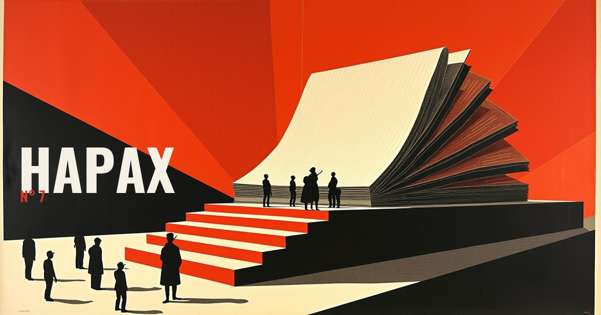 Bannière Hapax n°7, composition constructiviste : un registre immense ouvert au sommet d'un gradin rouge, quelques silhouettes noires en haut des marches, une foule restée en bas