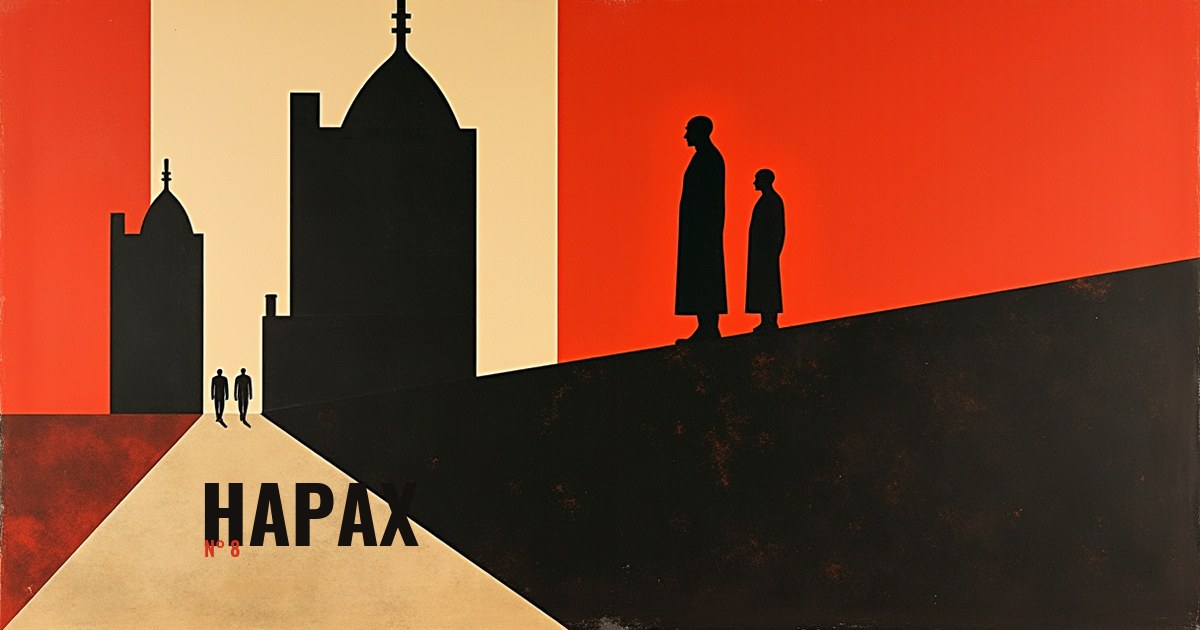 Bannière Hapax n°8, composition constructiviste : deux silhouettes noires dressées au sommet d'une masse sombre, une ville en ombre sur ciel vermillon, et deux passants minuscules sur la clairière crème en contrebas