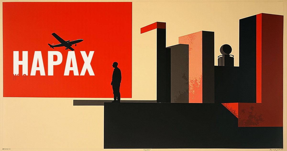 Bannière Hapax n°9, composition constructiviste : un avion noir traverse un aplat vermillon, une silhouette d'homme se tient au bord d'une plateforme sombre devant des blocs urbains noirs sur fond crème