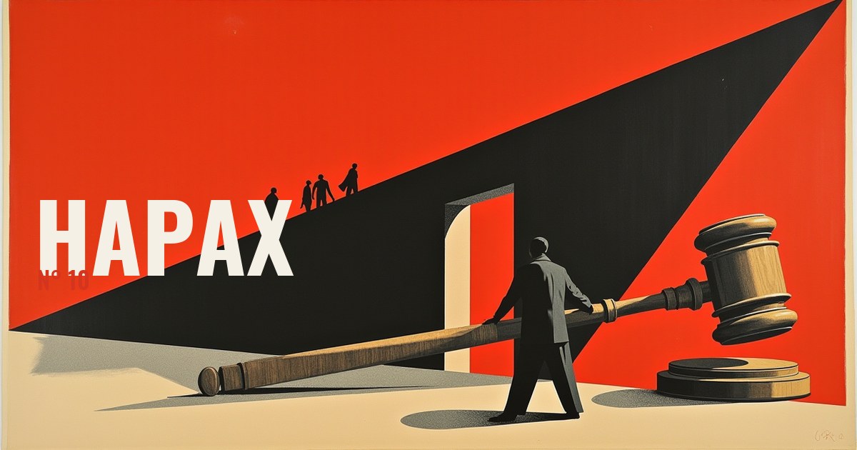 Bannière Hapax n°10, composition constructiviste : une large rampe noire descend en diagonale sur un aplat vermillon, de petites silhouettes la gravissent, et un long maillet de justice repose au premier plan sur un sol crème