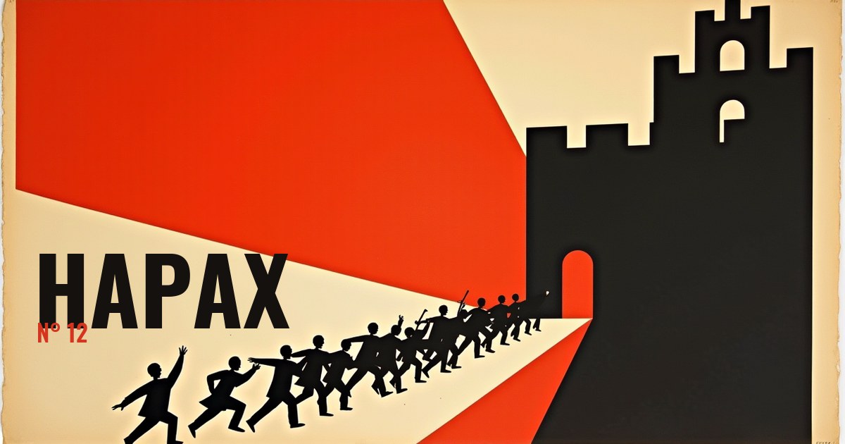 Bannière Hapax n°12 : une file de silhouettes noires court vers la porte étroite d'une haute forteresse noire, sous un grand pan vermillon