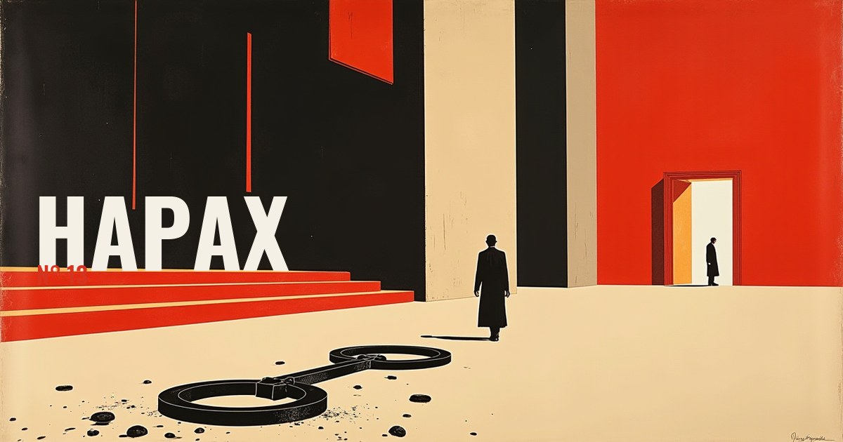 Bannière Hapax n°13 : dans une vaste salle d'assemblée déserte, une chaîne brisée gît au sol devant un pupitre vide, tandis qu'une silhouette s'éloigne vers une porte claire