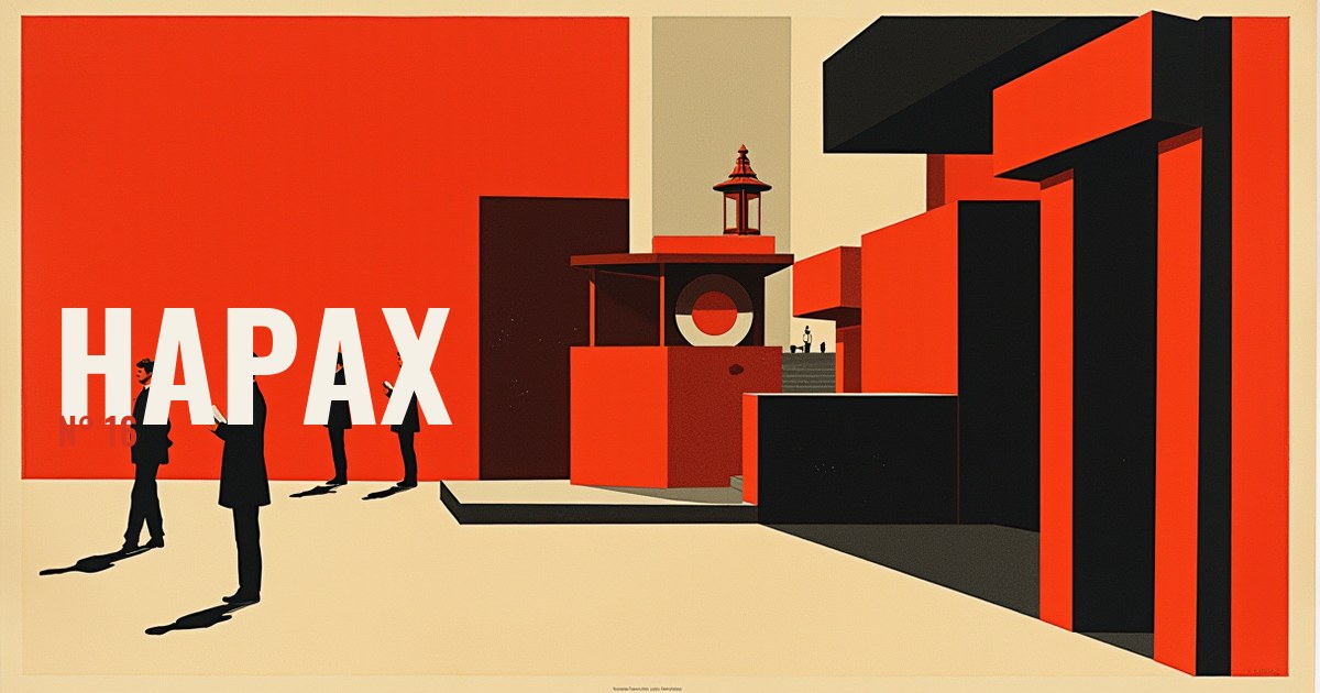 Bannière Hapax n°16 : un haut mur vermillon sur la gauche, une file de petites silhouettes noires, une lanterne rouge posée sur un comptoir et des volumes noirs et crème à droite