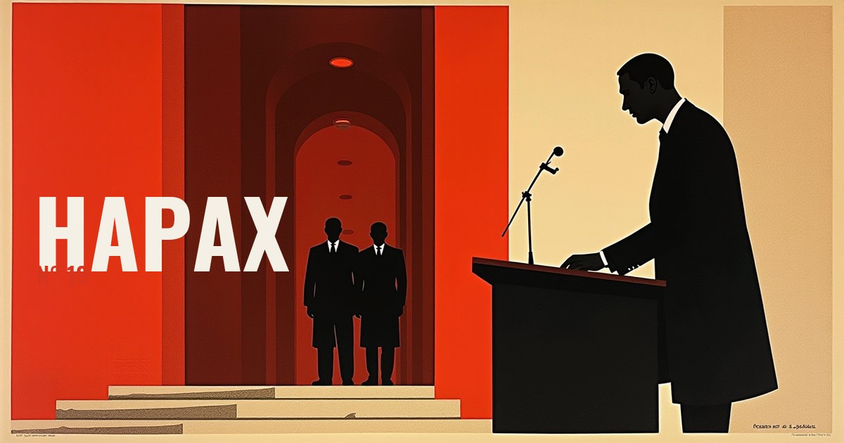 Banniere Hapax n°19 : un interieur vermillon, une silhouette noire massive derriere un pupitre a droite, trois petites silhouettes dans une porte en arc a gauche, un sol creme en bas