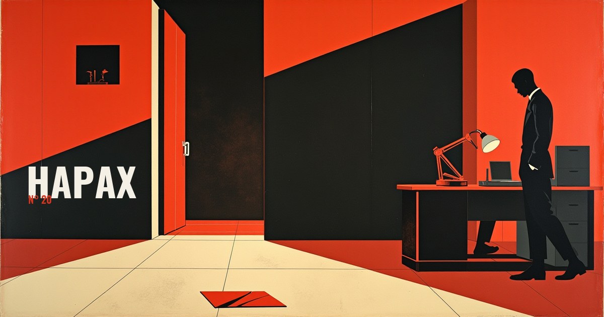 Banniere Hapax n°20 : un bureau vermillon, une porte noire grande ouverte a gauche, une silhouette noire debout pres d un bureau a droite, une enveloppe rouge posee au sol sur un carrelage creme