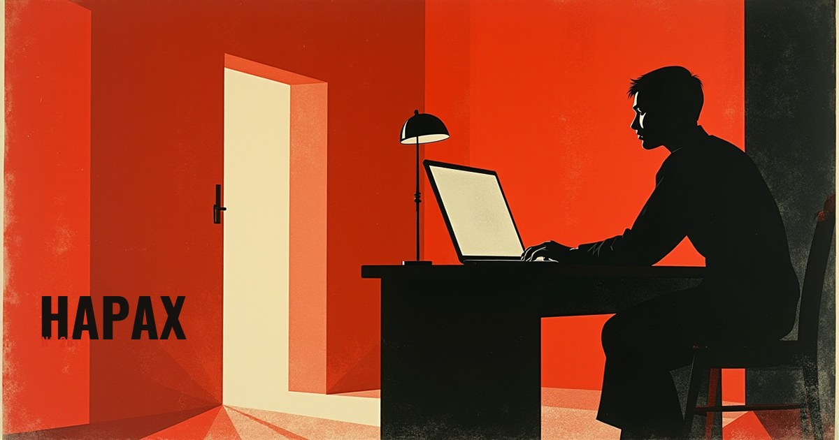 Composition en vermillon, noir et crème : la silhouette noire d'une personne penchée sur un écran éclairé, seule dans une pièce rouge, une porte claire restée fermée derrière elle.