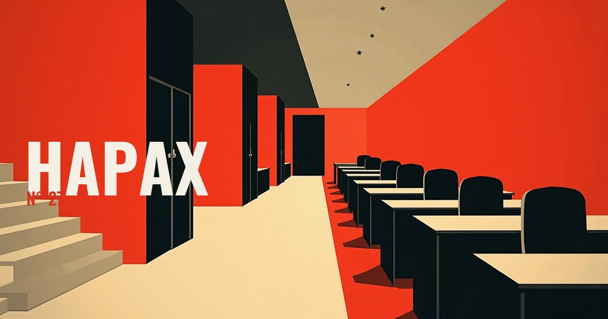 Un couloir de bureaux vides se resserrant vers une porte qui se referme, en vermillon, noir et crème