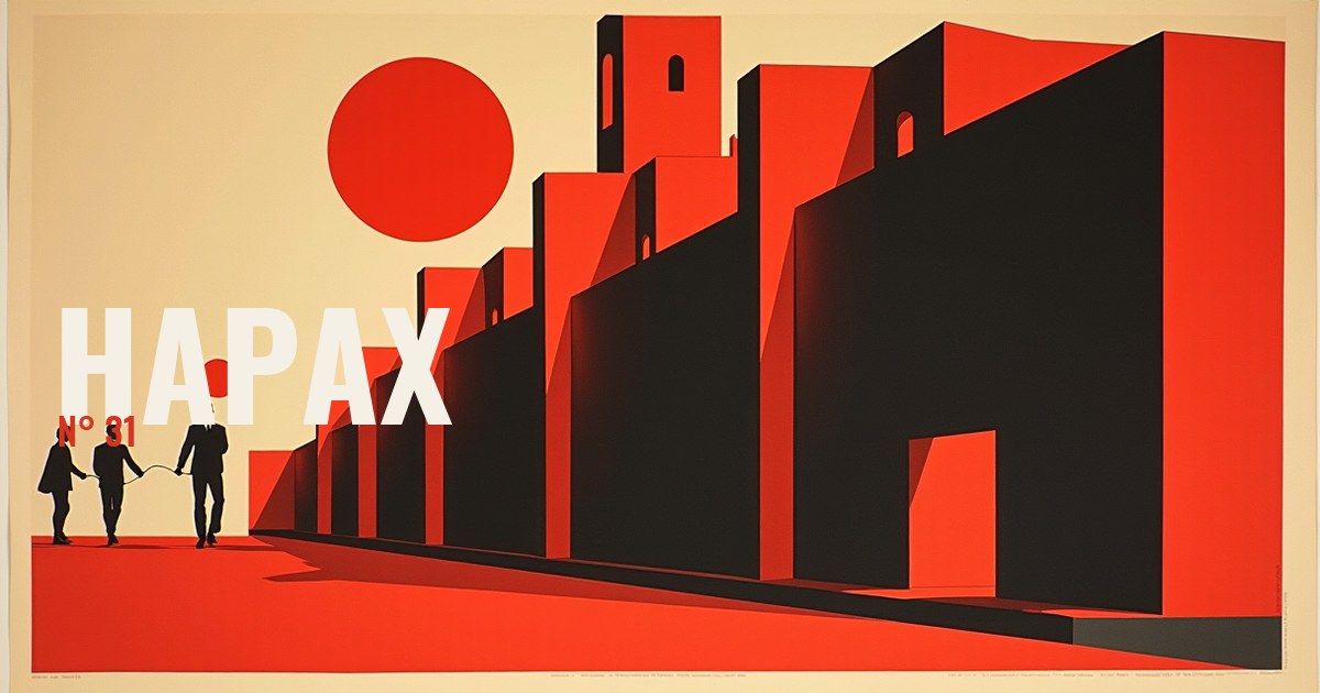 Affiche constructiviste en vermillon, noir et crème : une file de volumes décroissants sous un grand disque rouge et un second, minuscule.