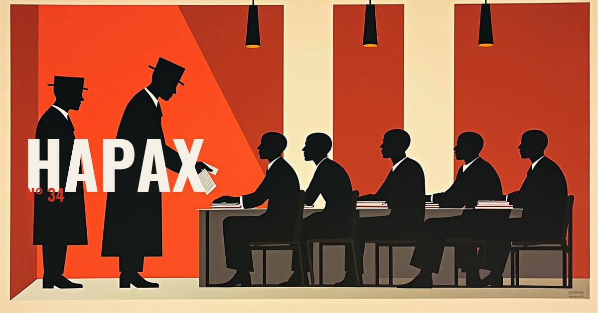 Affiche constructiviste en vermillon, noir et crème : deux silhouettes debout tendent une feuille à une rangée de silhouettes assises le long d'une table.