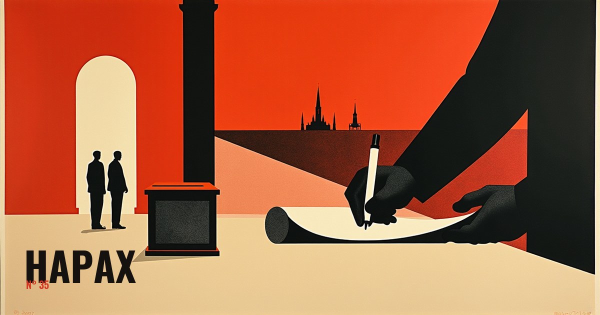 Affiche constructiviste en vermillon, noir et creme : une main geante trace une regle sur un long rouleau deroule, tandis que deux petites silhouettes attendent sous une arche.