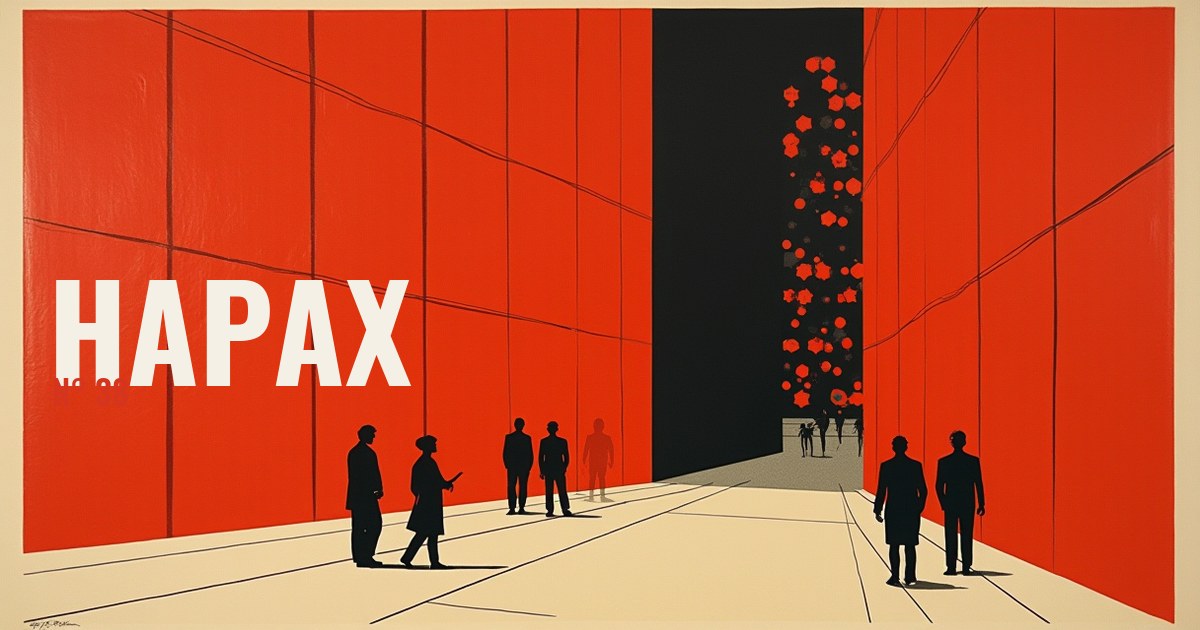 Affiche constructiviste vermillon, noir et creme : un amas de petits noeuds geometriques le long d'un couloir sombre