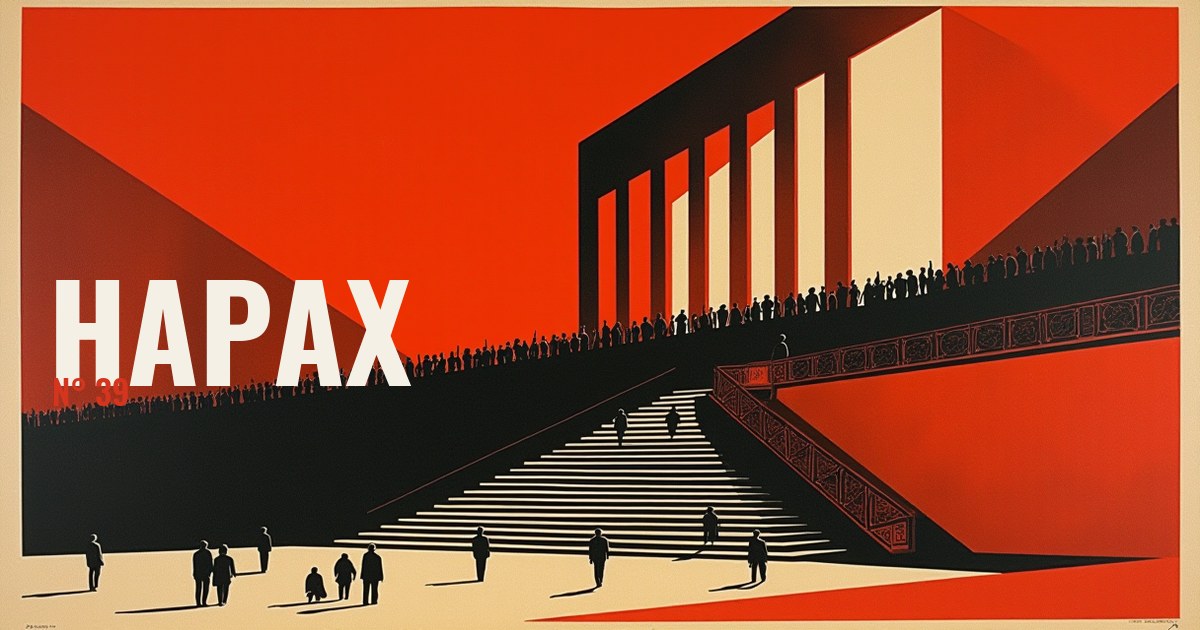 Affiche constructiviste vermillon, noir et creme : une foule de petites figures anonymes massees sur des marches, dos a des ecrans empiles