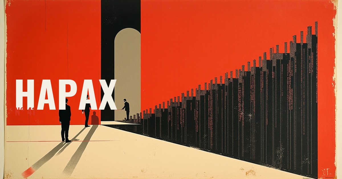 Affiche en vermillon, noir et crème : une colonne de barres noires qui monte en diagonale vers une porte voûtée, et de petites silhouettes qui s'avancent vers elle.